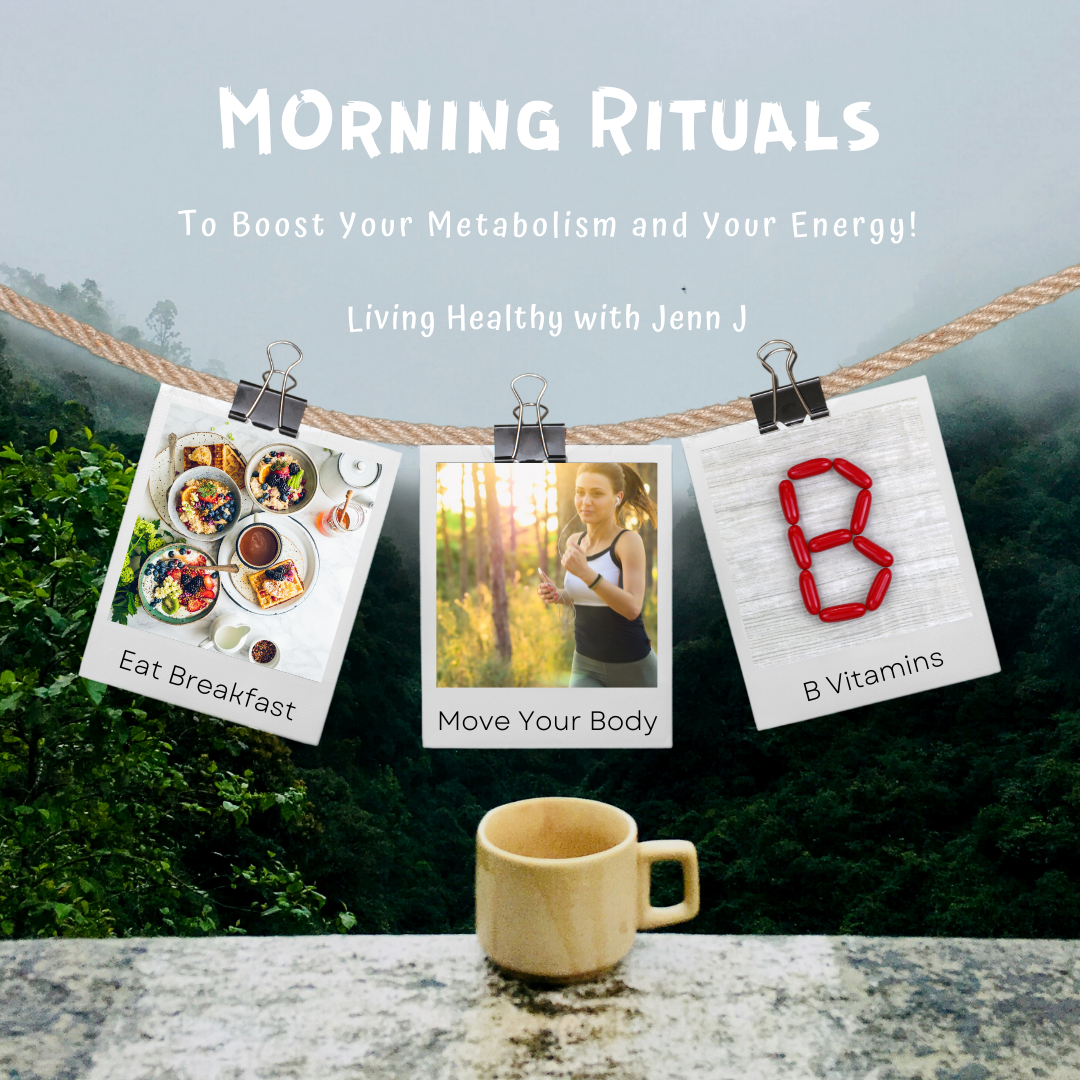 a cup of coffee sits outside overlooking a forested mountain with 3 photos showing morning rituals to boost metabolism